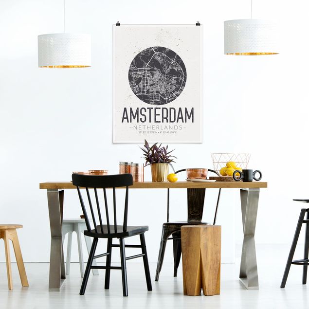 Poster schwarz-weiß Stadtplan Amsterdam - Retro