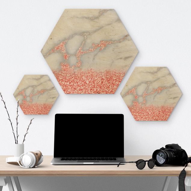 Hexagon Bild Holz - Mamoroptik mit Rosa Konfetti