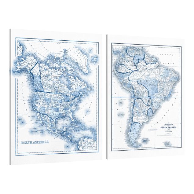 Wandbilder Modern Karten in Blautönen Nord- und Südamerika Set I