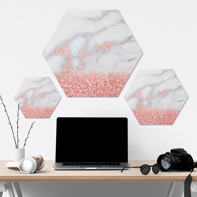 Hexagon Bilder Mamoroptik mit Rosa Konfetti