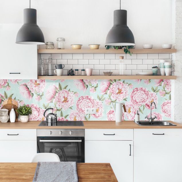 Küchenrückwand Folie Blumen Rosa Blumen auf Mint als Aquarell