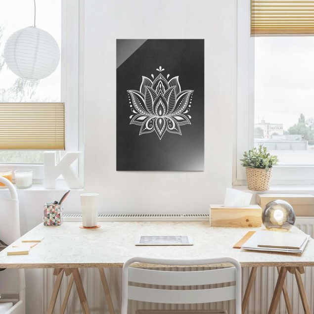 Glasbilder Spirituell Lotus Illustration weiß schwarz