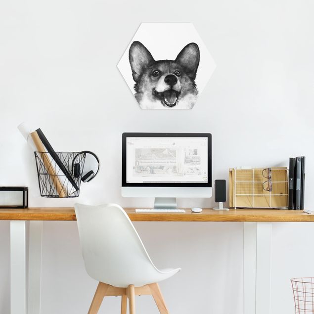 Wandbilder Kunstdrucke Illustration Hund Corgi Weiß Schwarz Malerei