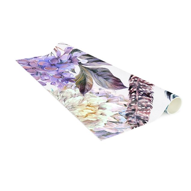 Moderne Teppiche Zartes Aquarell Boho Blüten und Federn Muster