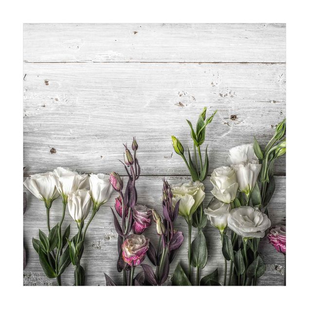 Teppich Blumen Tulpen-Rose Shabby Holzoptik