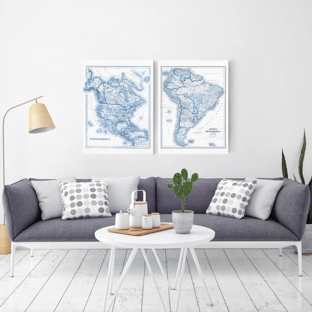 Wandbilder Weltkarten Karten in Blautönen Nord- und Südamerika Set I
