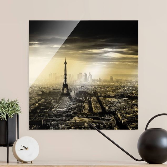 Glasbilder Paris Der Eiffelturm von Oben Schwarz-weiß
