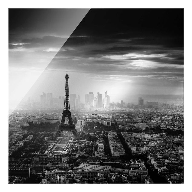 Glasbild Skyline Der Eiffelturm von Oben Schwarz-weiß