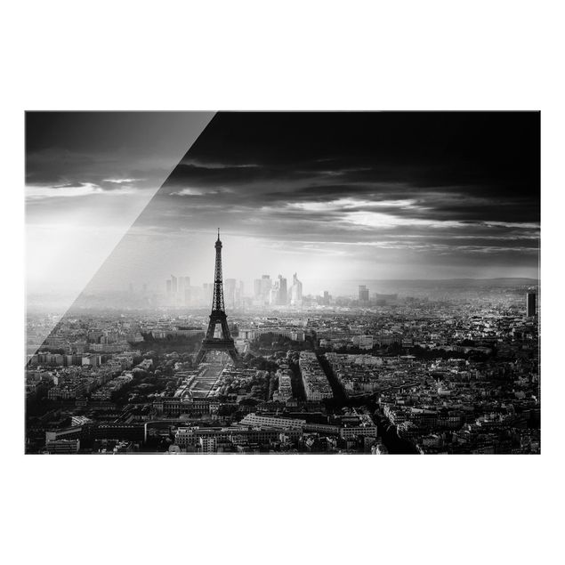 Glasbild Stadt Der Eiffelturm von Oben Schwarz-weiß