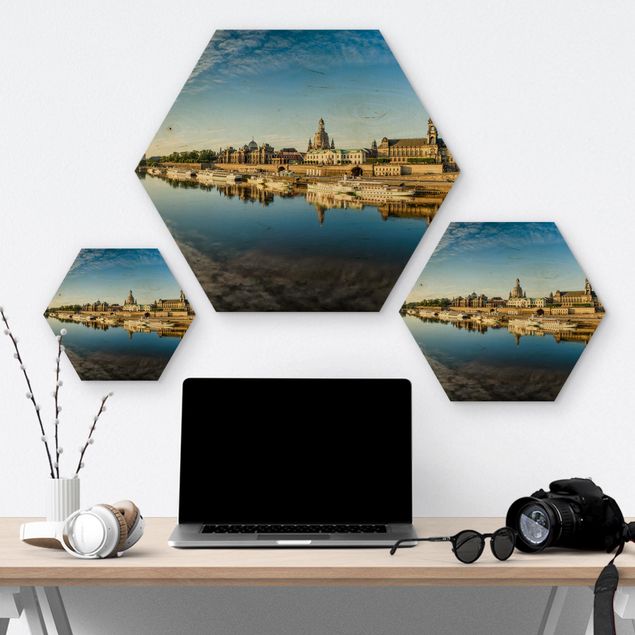 Hexagon Bild Holz - Die Weiße Flotte von Dresden