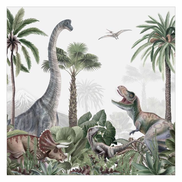Wandtapete gruen Dinosauriergiganten im Dschungel