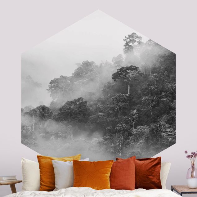 Fototapete Wald Dschungel im Nebel Schwarz Weiß