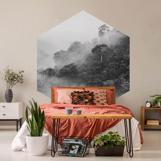 Fototapete modern Dschungel im Nebel Schwarz Weiß