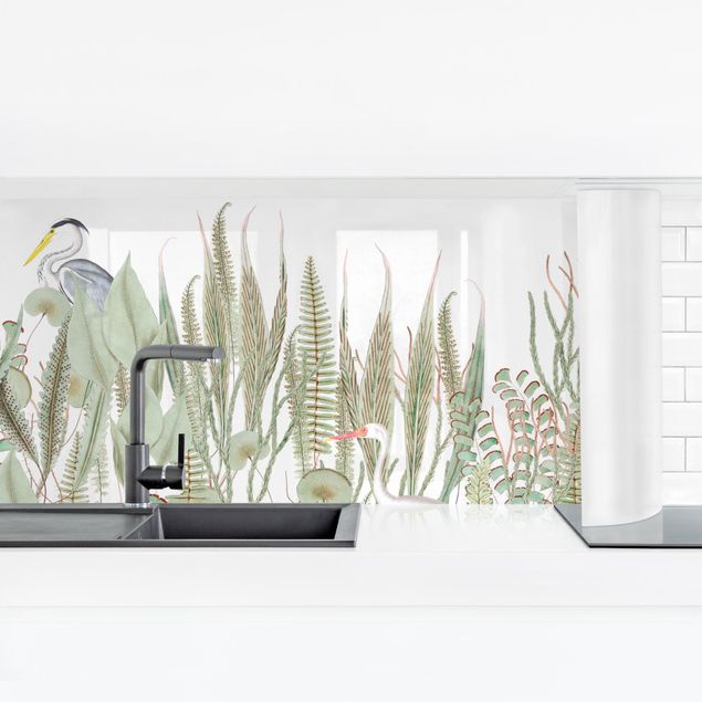 Küchenrückwand Folie selbstklebend Flamingo und Storch mit Pflanzen