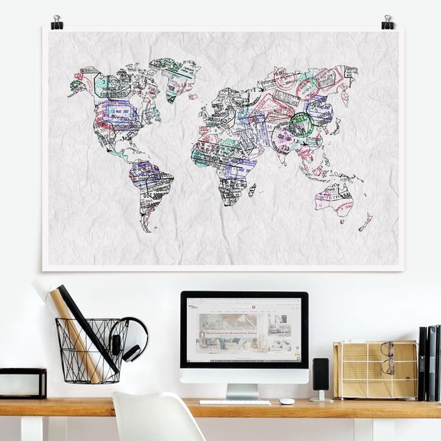 Wanddeko Küche Reisepass Stempel Weltkarte