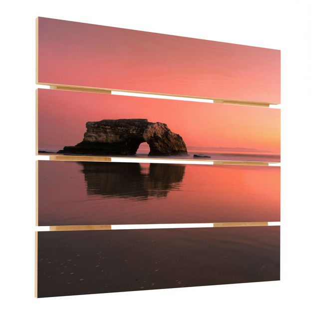 Bilder auf Holz Natürliche Brücke im Sonnenuntergang