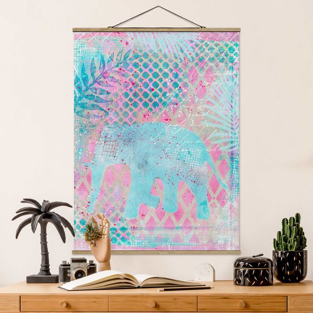 Küche Dekoration Bunte Collage - Elefant in Blau und Rosa