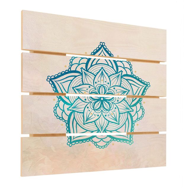 Holzbild - Mandala Illustration Mandala gold blau - Quadrat 1:1