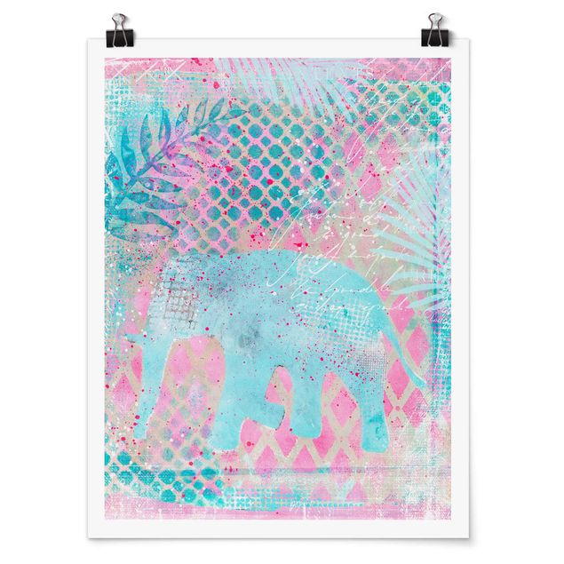 Kunstdrucke Poster Bunte Collage - Elefant in Blau und Rosa
