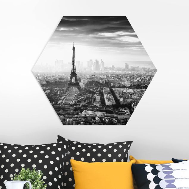 Küchen Deko Der Eiffelturm von Oben Schwarz-weiß