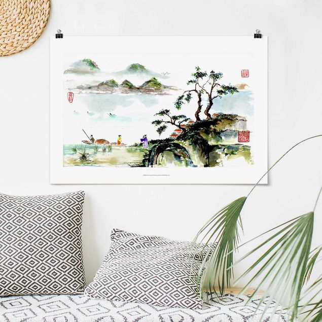 Wanddeko Küche Japanische Aquarell Zeichnung See und Berge