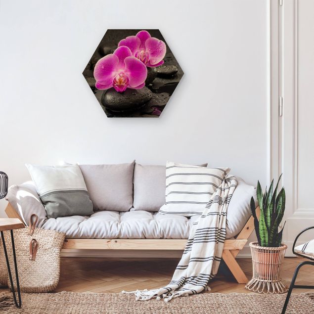 Holzbilder Blumen Pinke Orchideenblüten auf Steinen mit Tropfen