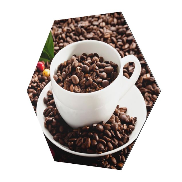 Hexagon Bilder Kaffeetasse mit gerösteten Kaffeebohnen