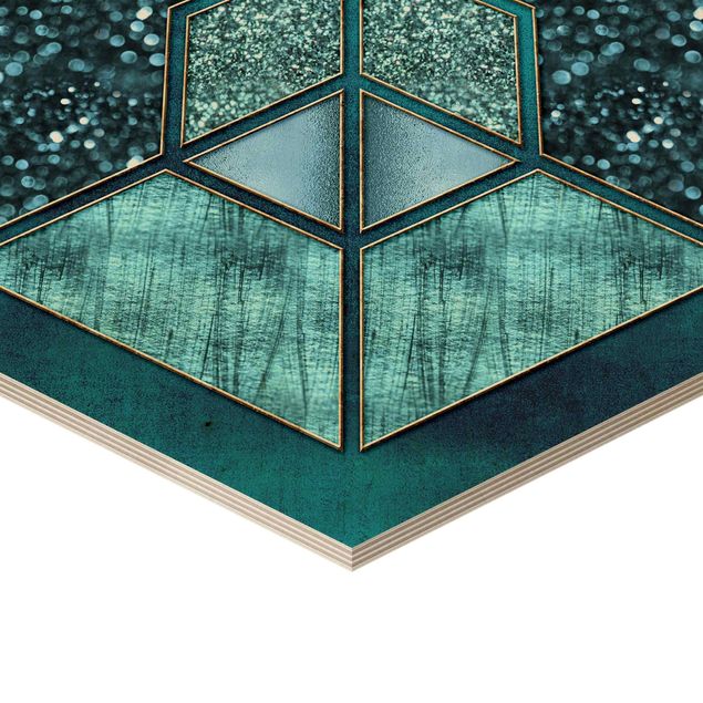 Wandbild Holz Blaues Hexagon mit Goldkontur