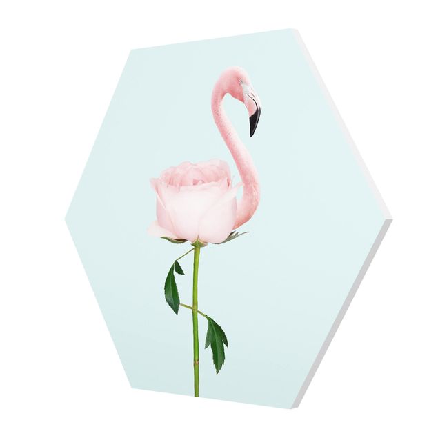 Wandbilder Blau Flamingo mit Rose