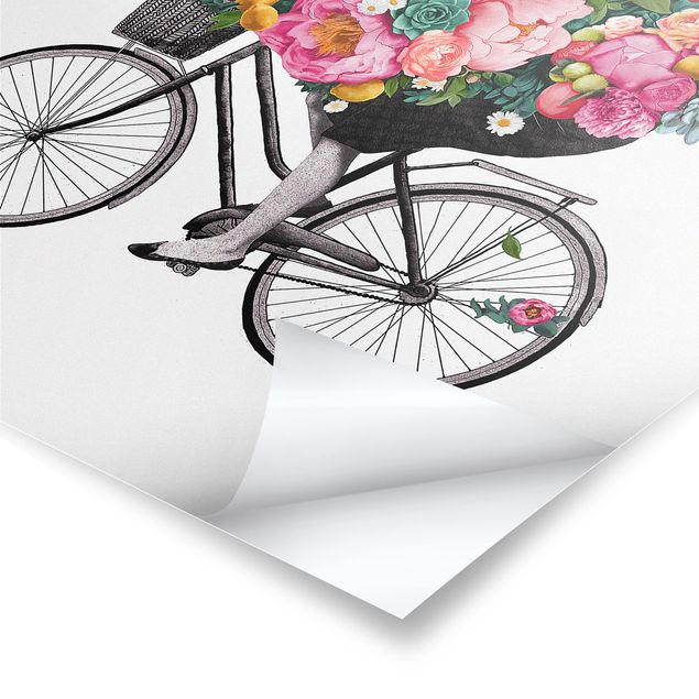 Wandbilder Illustration Frau auf Fahrrad Collage bunte Blumen