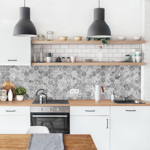 Küchenrückwände Fliesenoptik Marmor Hexagon Fliesen - Grau