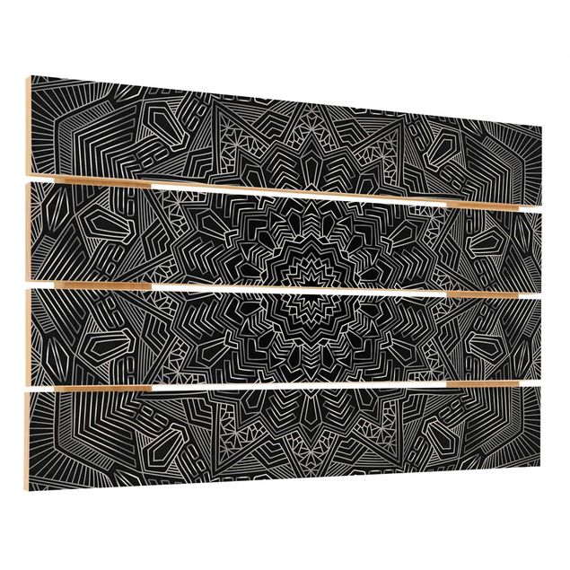 Holzbild - Mandala Stern Muster silber schwarz - Querformat 2:3