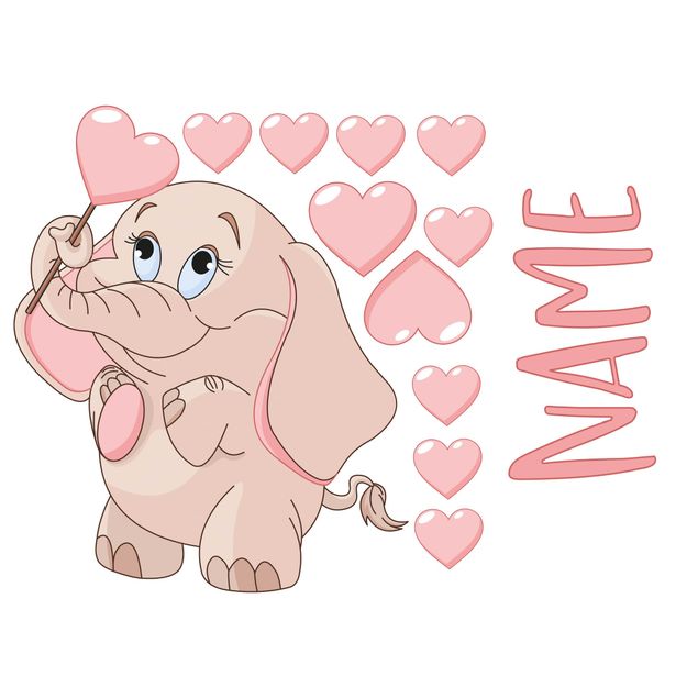 Wandaufkleber Wunschtext Rosa Babyelefant mit vielen Herzen