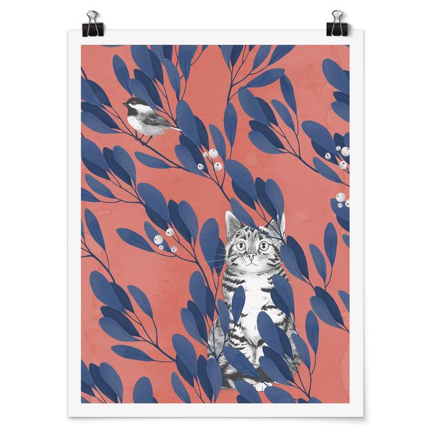 Poster Tiere Illustration Katze und Vogel auf Ast Blau Rot