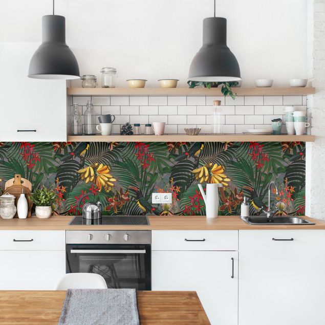 Glasrückwand Küche Tropische Farne mit Tucan Grün II