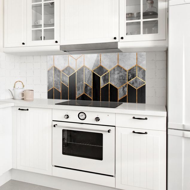 Glasrückwand Küche Muster Goldene Sechsecke Schwarz Weiß