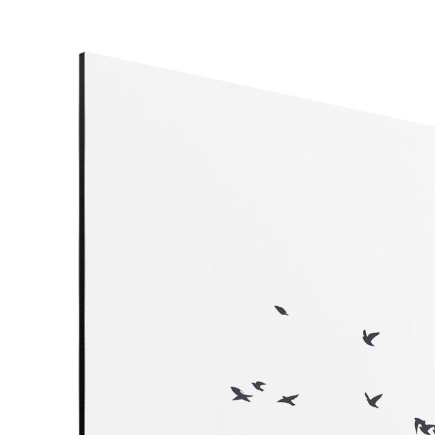Wandbilder Natur Vogelschwarm vor Bergen Schwarz Weiß