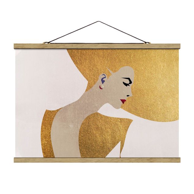 Wandbilder Modern Dame mit Hut in Gold
