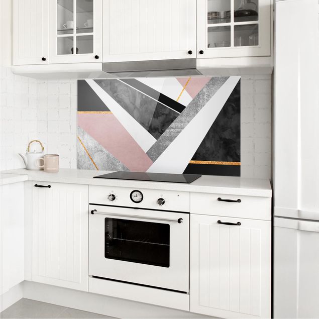 Glasrückwand Küche Muster Schwarz Weiß Geometrie mit Gold