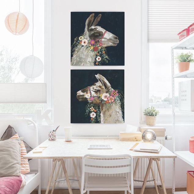 Leinwandbilder Tiere Lama mit Blumenschmuck Set I
