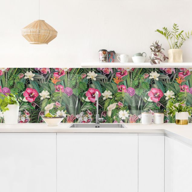 Glasrückwand Küche Bunte tropische Blumen Collage