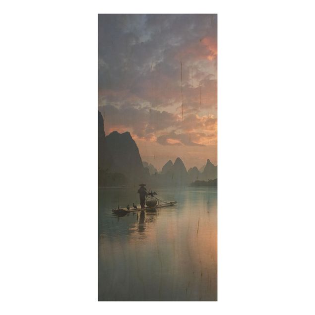 Holzbild Natur Sonnenaufgang über chinesischem Fluss