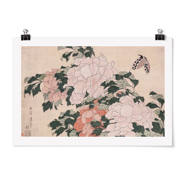 Poster mit Blumen Katsushika Hokusai - Rosa Pfingstrosen mit Schmetterling