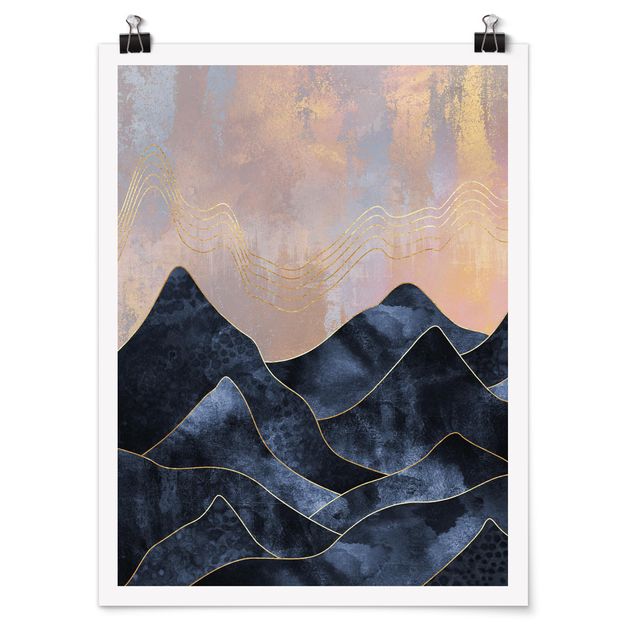 Poster abstrakte Kunst Goldene Dämmerung über Gebirge