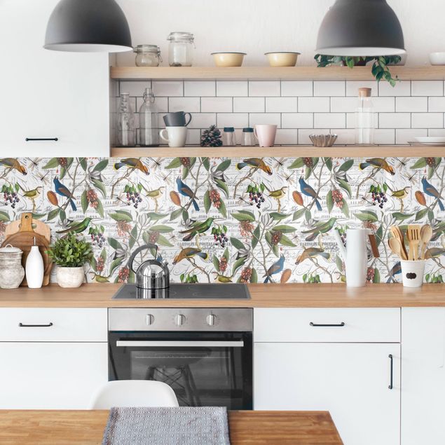 Spritzschutz Küche Glas Nostalgischer Beerenblues mit Paradiesvögeln