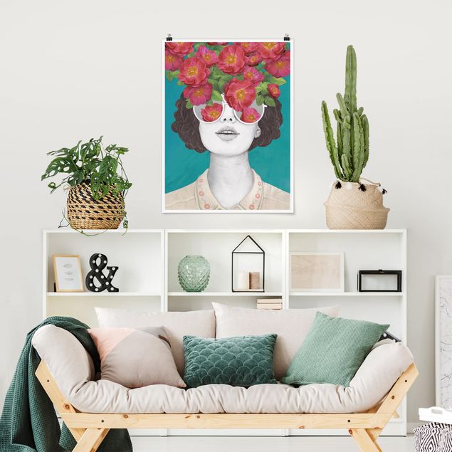 Wanddeko Küche Illustration Portrait Frau Collage mit Blumen Brille