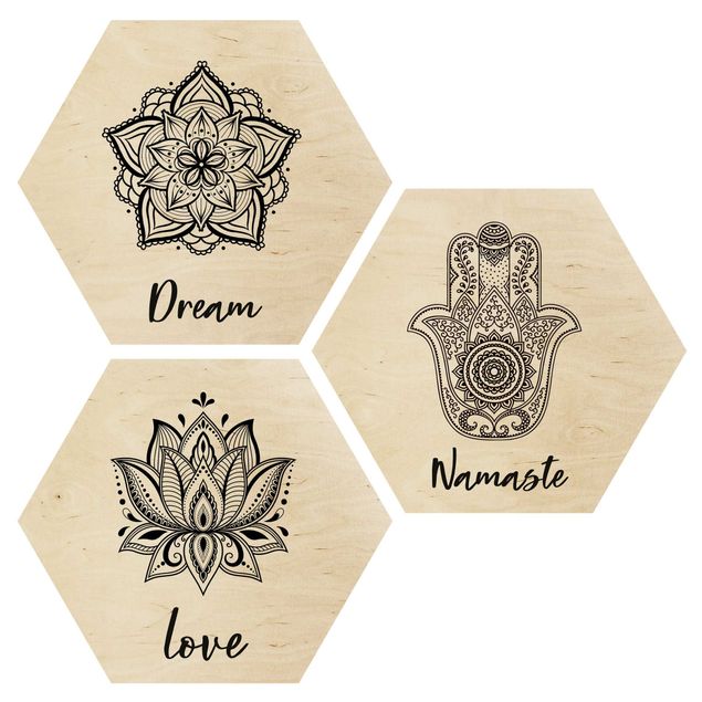 Wandbild Holz Mandala Namaste Lotus Set Schwarz Weiß