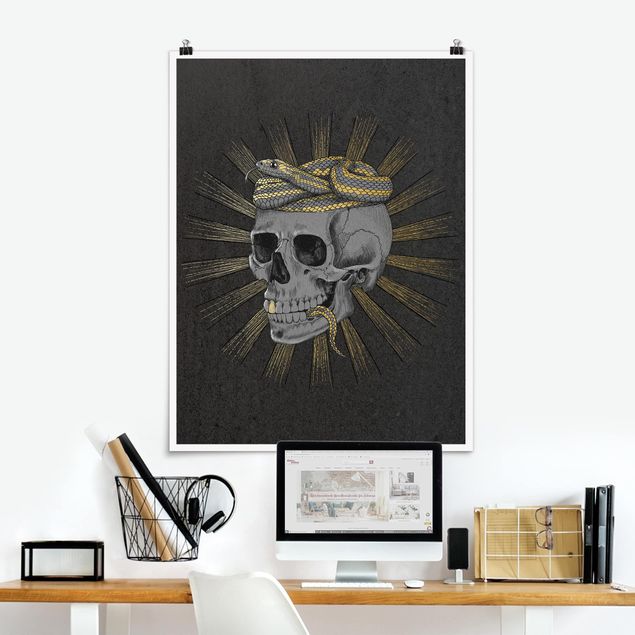 Kunstdrucke Poster Illustration Totenkopf und Schlange Schwarz Gold