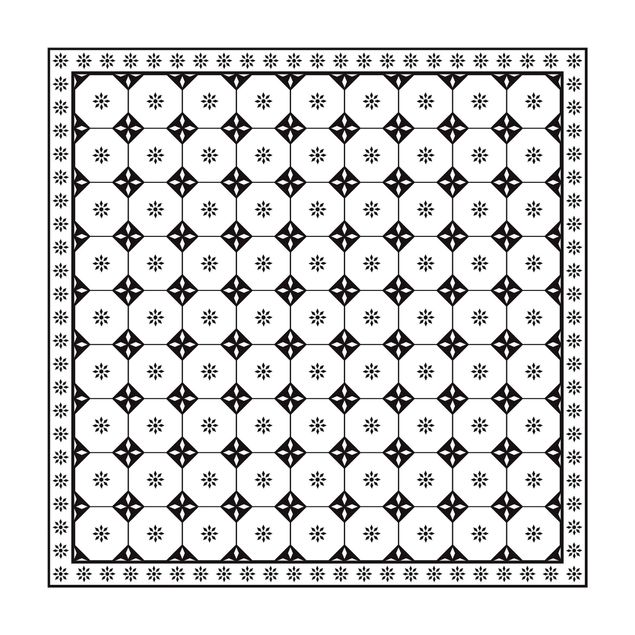 Vinyl Teppich Fliesenoptik Geometrische Fliesen Landhaus Schwarz Weiß mit Bordüre