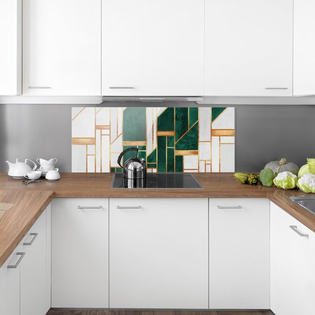 Glasrückwand Küche Muster Emerald und Gold Geometrie